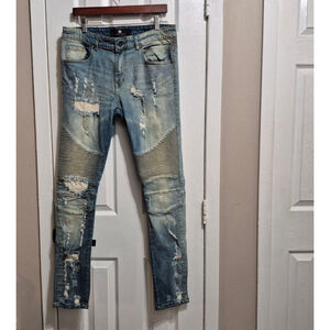 Men's Focus Jeans Blue Distressed Skinny Jeans Waist 34